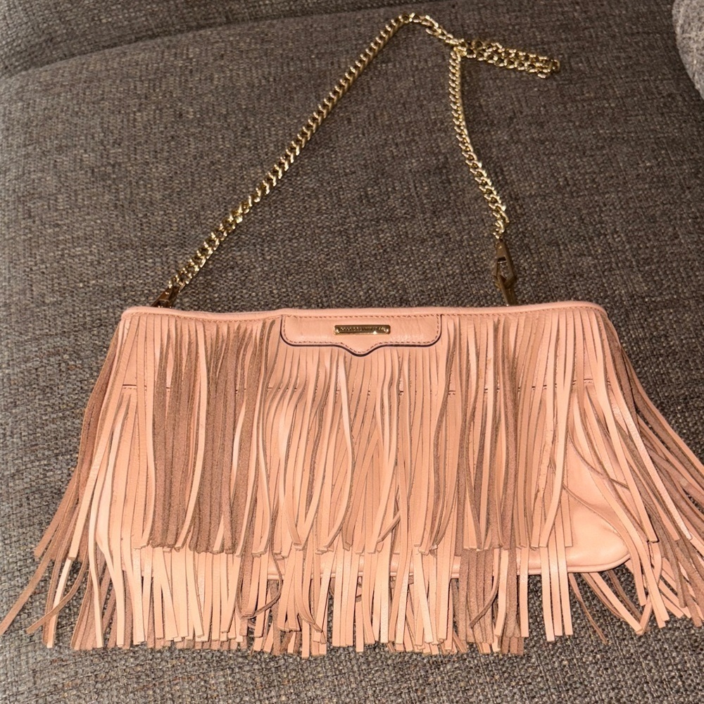 Gently Loved Finn Fringe Leather Convertible Clutch, Light Coral Pink Leather